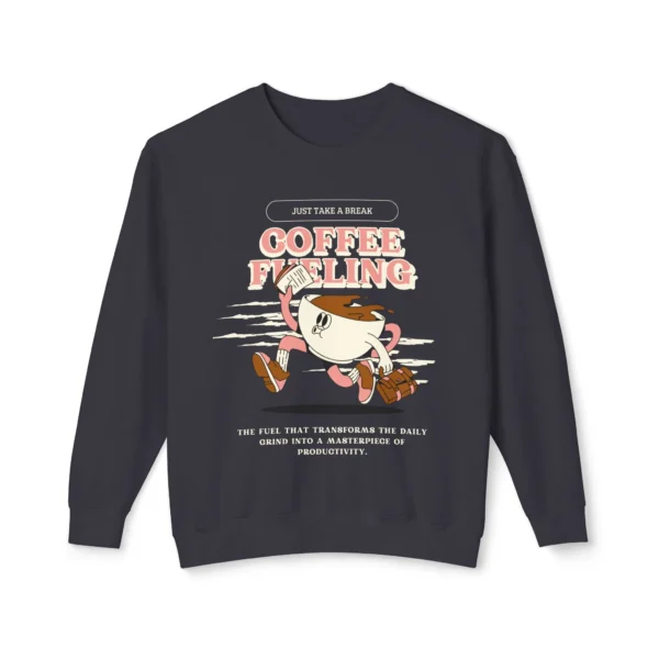 'Coffee Fueling' Crewneck — Retro Animated Coffee Cup Graphic